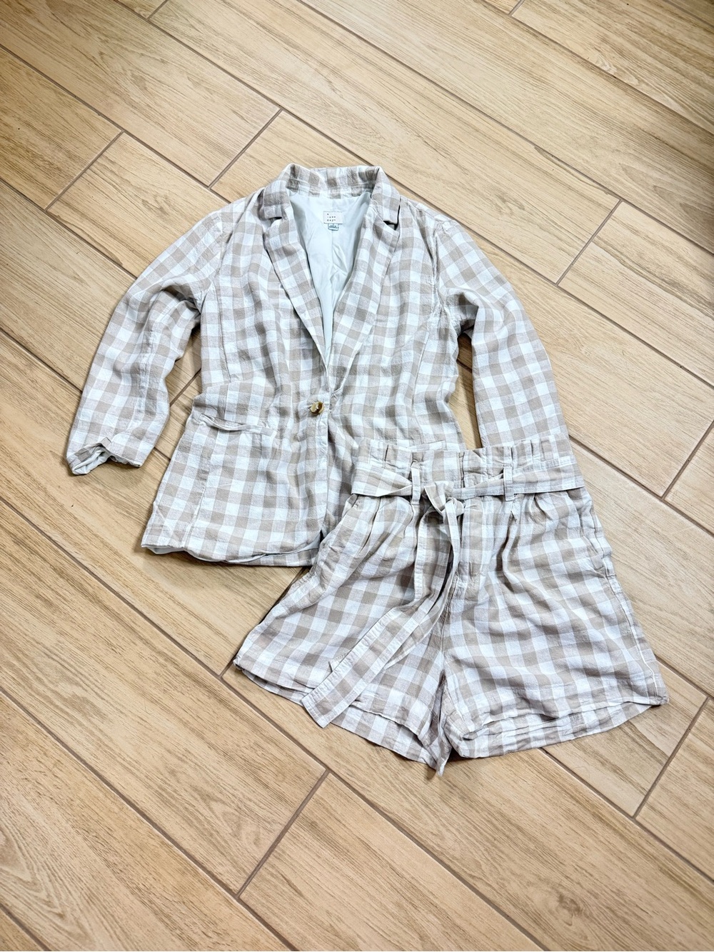 A New Day Linen Gingham Blazer Shorts Set Beige Cream Size S Plaid Suit